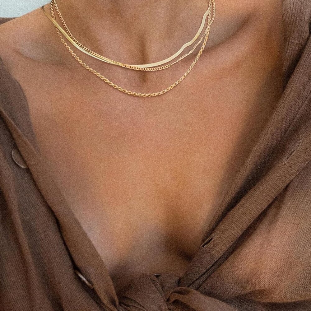 Herringbone Necklace for Women 14k Gold Plated Snake Gold Chain Choker Necklaces - Picture 8 of 8